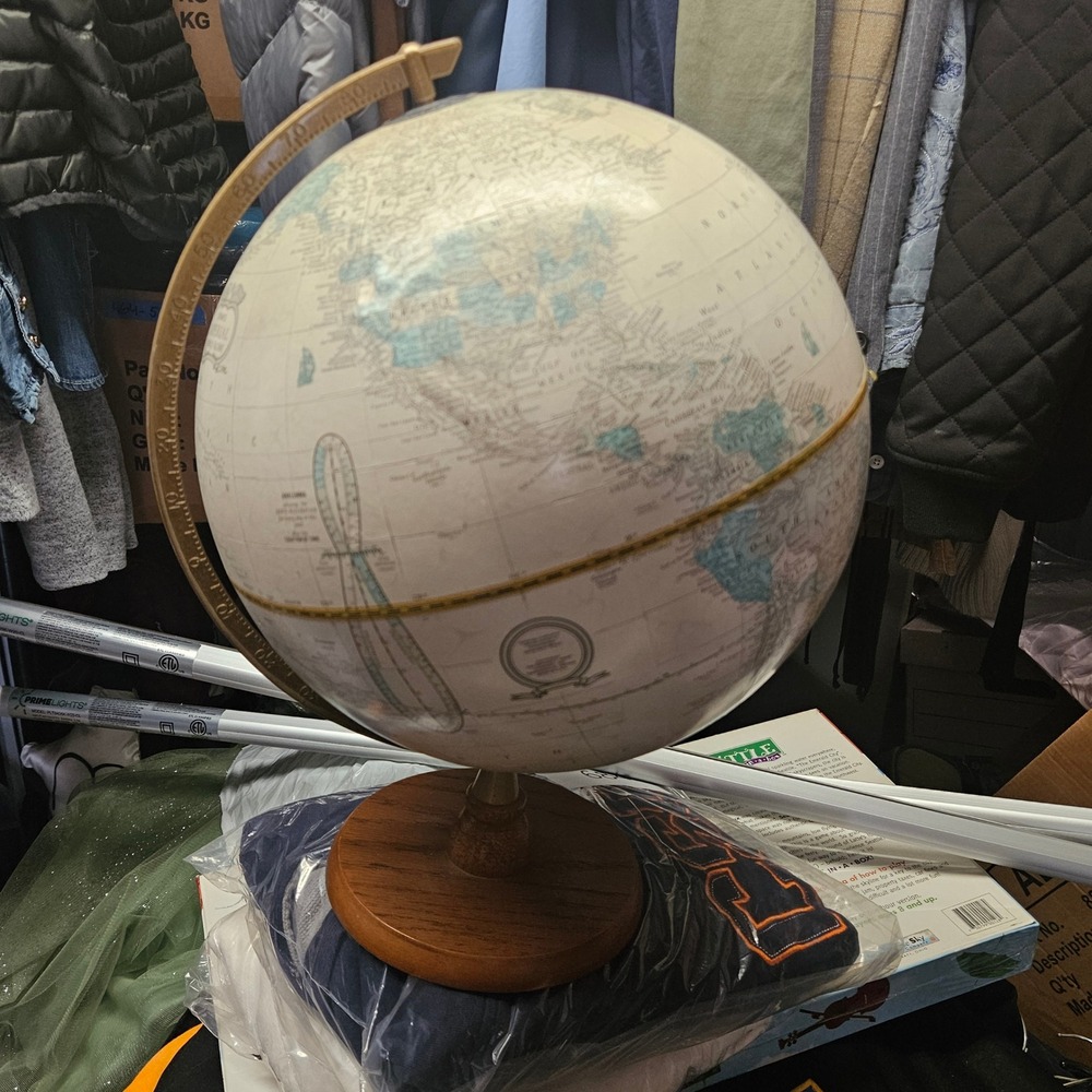Crams Imperial World Globe Vintage Cream Map Wood Base Brass Meridian USA - Picture 8 of 8